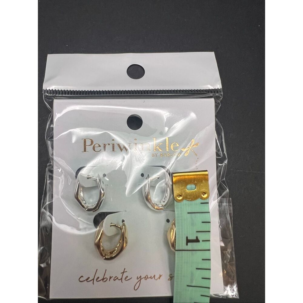 New! Periwinkle By Barlow Silver and Gold Tone Wavy Huggie Hoop Earring Set - Picture 6 of 6